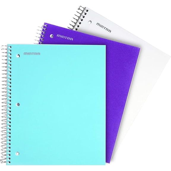 Mintra Spiral Notebook - 2 Subject (Teal, Purple, White) - Letter Size, 3PK
