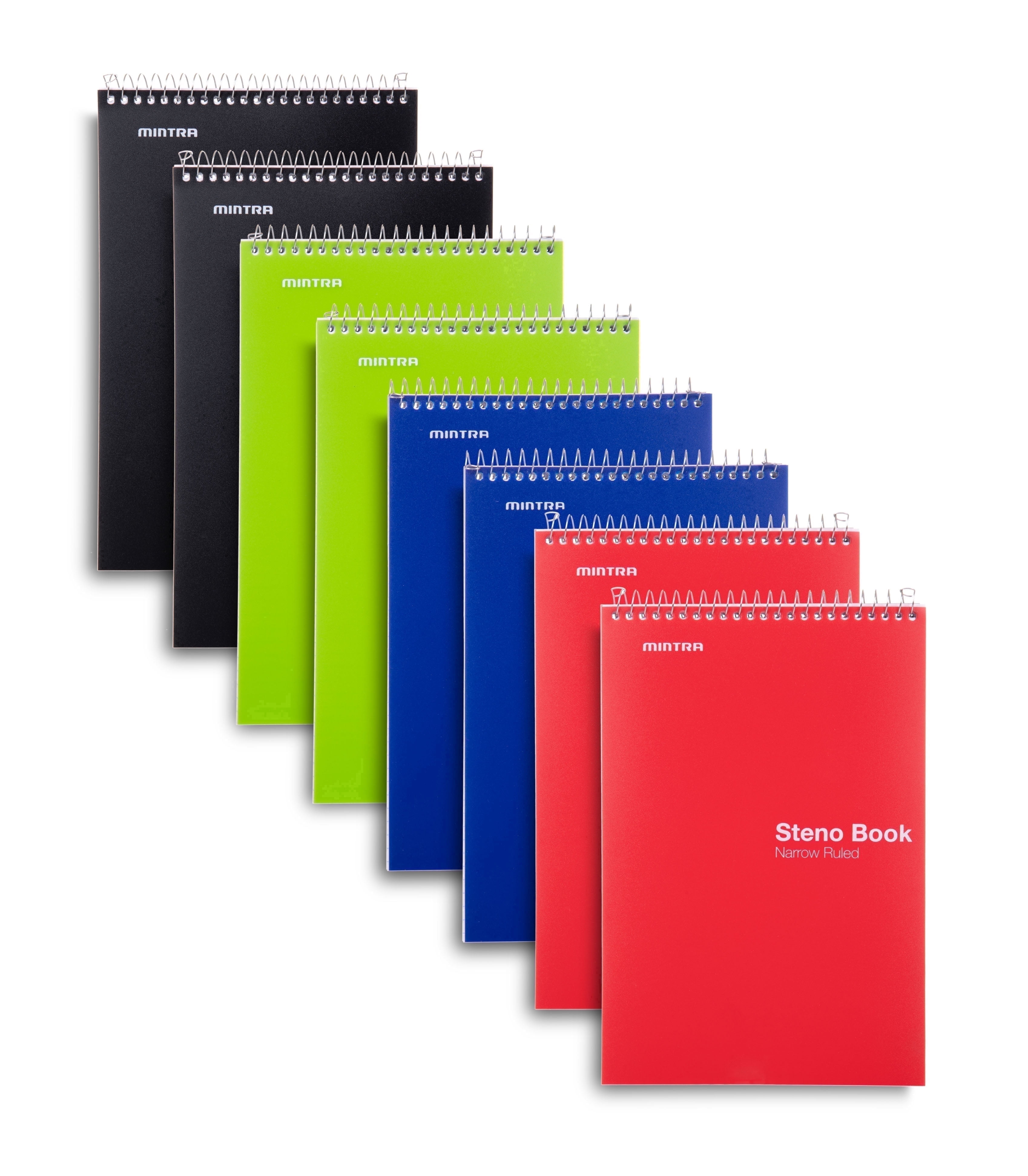 Mintra Office Steno Books 8pk, 6in x 9in, Narrow Ruled, White Paper, 100 Sheets, Black/Green/Blue/Red Cover Set (06726)