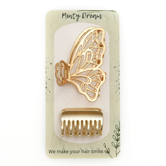 Minty Dream Medium Gold Butterfly Hair Claw 2Pcs Set for Women