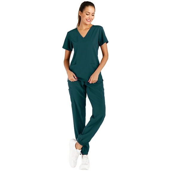 Minty Mint, Women's, Solid Stretch Medical Uniform Scrub Set V Neck Top Cargo Tapered Jogger Pants, Carribean, S