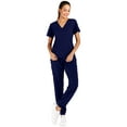 thumbnail image 1 of Minty Mint, Women's, Solid Stretch Medical Uniform Scrub Set V Neck Top Cargo Tapered Jogger Pants, Indigo Blue, L, 1 of 5