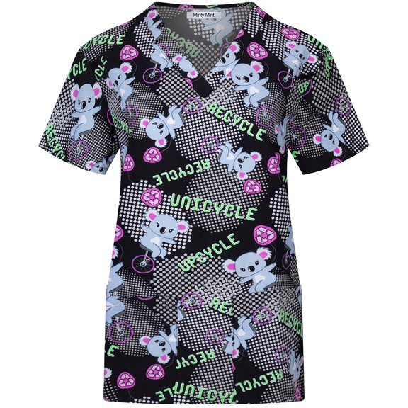 Minty Mint, Women's, Stretch Printed V-Neck Medical Scrub Top, Black, L
