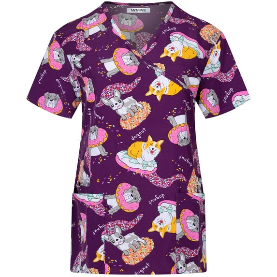 Minty Mint, Women's, Stretch Printed V-Neck Medical Scrub Top, Purple, 2XL