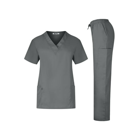 Minty Mint, Women's, Unisex Solid Medical Scrub Set V-Neck Top and Cargo Pants, Grey, XL