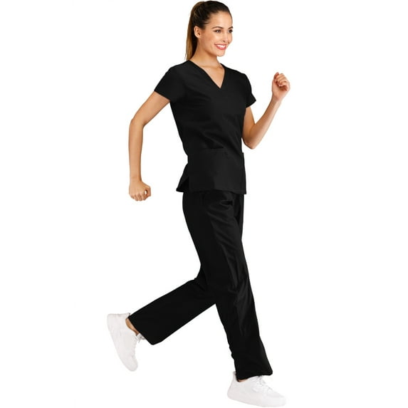 Minty Mint, Women's, V Neck Solid Stretch Medical Scrub Set, Black, XXL
