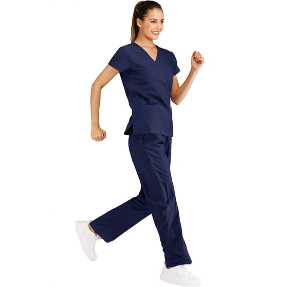 Minty Mint, Women's, V Neck Solid Stretch Medical Scrub Set, Indigo Blue, XL