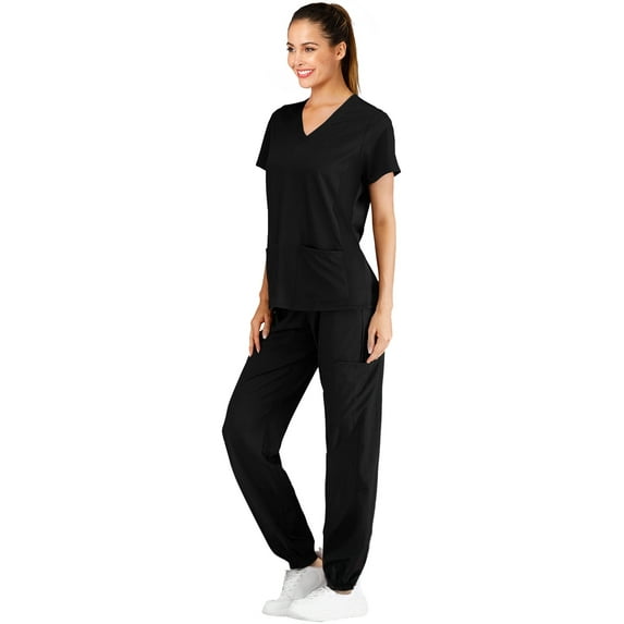 Minty Mint, Women's, V Neck Stretch Medical Scrub Set w Side Panels, Black, XXL