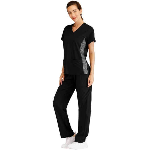 Minty Mint, Women's, V Neck Stretch Medical Scrub Set w Side Panels, Black, XXL