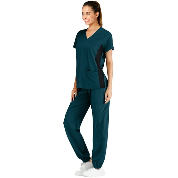 Minty Mint, Women's, V Neck Stretch Medical Scrub Set w Side Panels, Carribean, L