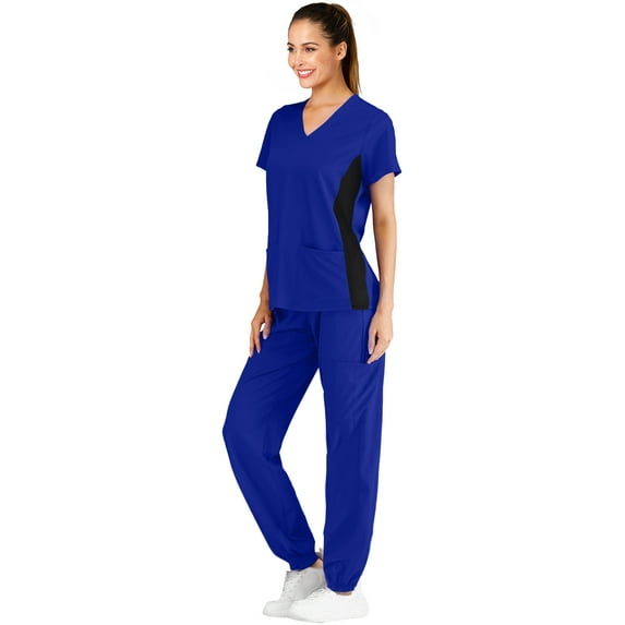 Minty Mint, Women's, V Neck Stretch Medical Scrub Set w Side Panels, Royal Blue, XL