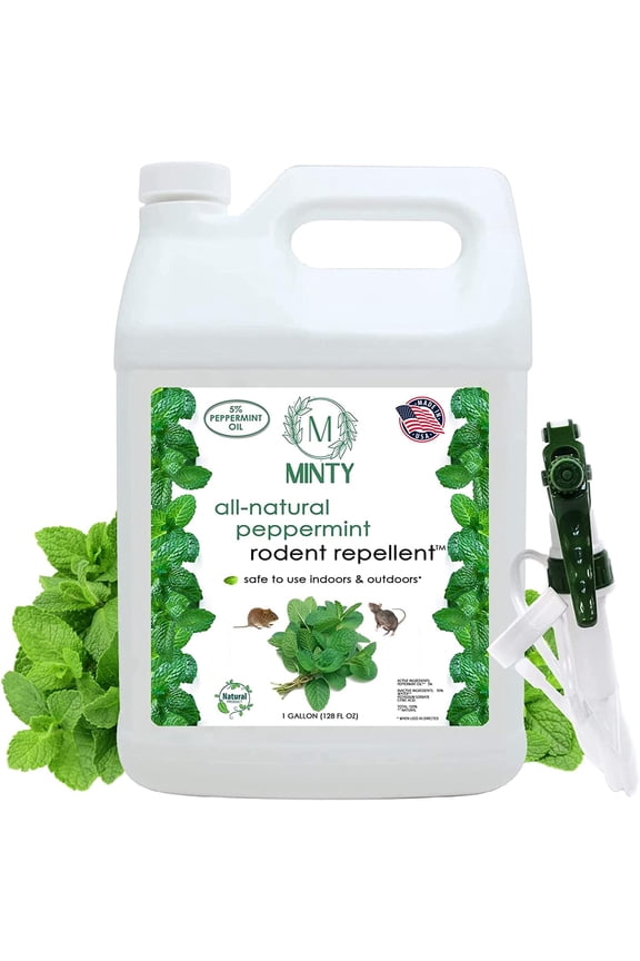 Minty Rodent Repellent, Natural 5% Peppermint Oil Spray for Mice, Rats, Chipmunks and Rodents, Indoor and Outdoor, House and Car Engine Use, 128 fl oz Gallon
