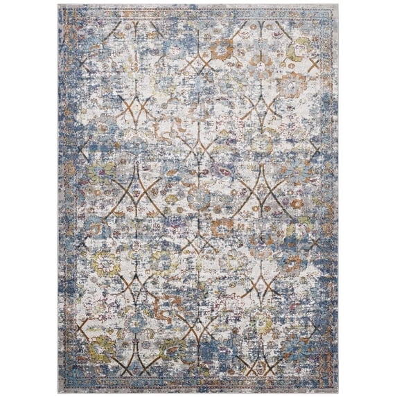 Modway Minu 94.5x122" Floral Lattice Area Rug in Light Blue/Yellow/Orange