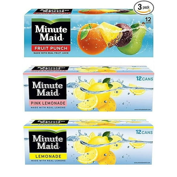Minute Maid 12 oz Can Bundle 36 Pack - Fruit Punch, Pink Lemonade, and Lemonade