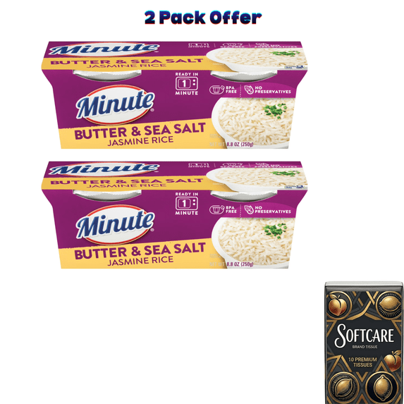 Minute Ready-To-Eat Butter and Sea Salt Rice, Microwavable Rice Cups, 4.4 oz, 2 Count ( Include One Tissue Pack )