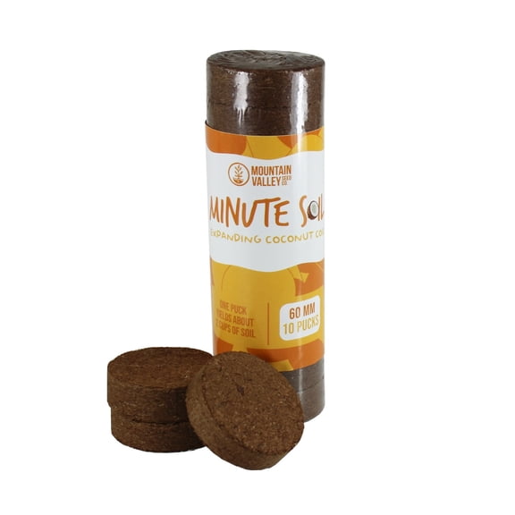 Minute Soil - Compressed Coco Coir Fiber Grow Medium - 60 MM Disks - 10 Pack = 5.5 Quarts of Potting Soil - Indoor Container Gardening: Seed Starting, Plants, Herbs, More - Just Add Water - OMRI