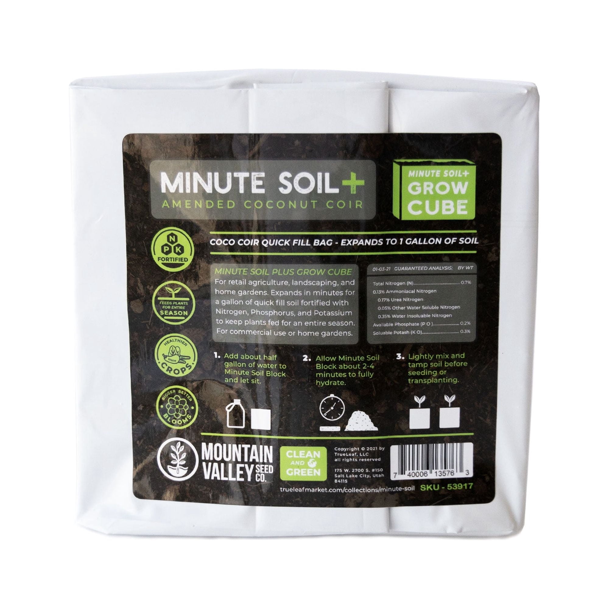 Minute Soil Plus Grow Cube - Amended Coco Coir Potting Soil - 1 Gallon Plastic Grow Bag - 3 Cubes - Self Contained Expanding Coconut Coir Grow Planter - Feeds Plants for an Entire Season
