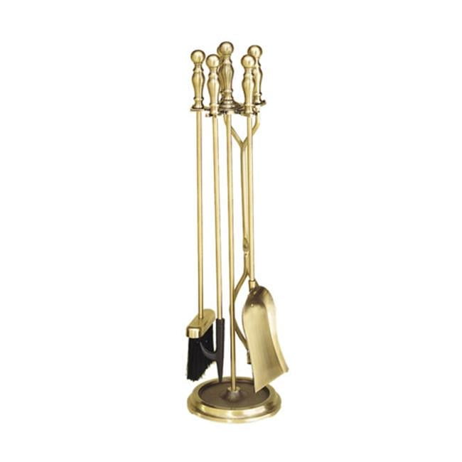Antique Brass Plated 4-Piece Fireplace Tool Set with Round Base