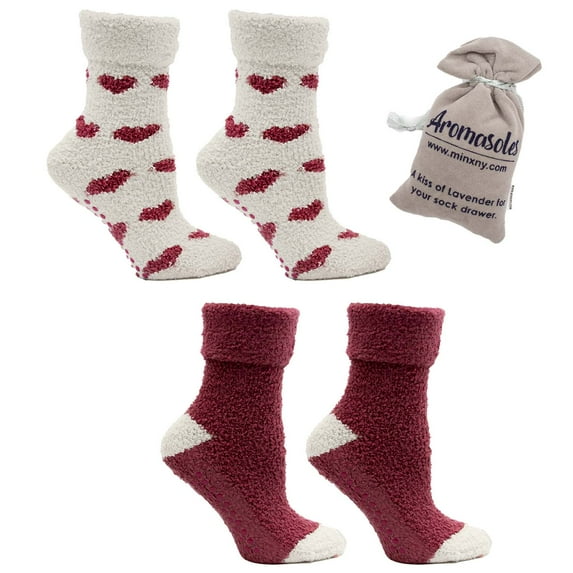 MinxNY Women's Non-Skid Warm Soft and Fuzzy Lavender Infused 2-Pair Pack Slipper Socks with Lavender Sachet Gift, Clouds, Marshmallow White