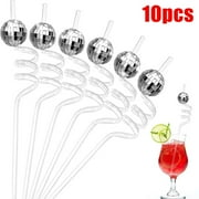 Minxio Mirrored Disco Ball Straws 70s Disco Party Decoration Supplies Cocktail Straws,Silver 10pcs