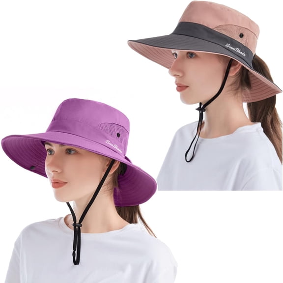 Minzimin 1/2 Pack Womens Wide Brim Sun Hats Foldable UV Protection Beach Bucket Hats Ponytail Mesh Fishing Hat