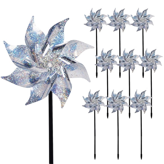 Minzimin 10 Pack Reflective Pinwheels Wind Spinner, Extra Sparkly Rainbow Pinwheel with Stakes, Bird Repellent Blinder Devices Deterrent to Scare Birds Away from Yard Patio Farm Garden
