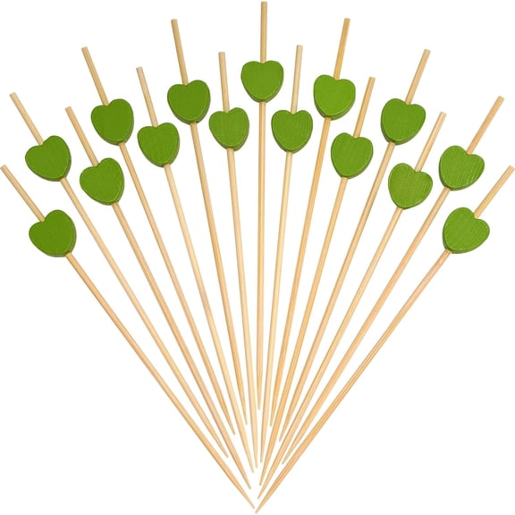 Minzimin 100 Counts  Green Love Heart Cocktail Picks, 4.7 Inch Long Bamboo Fancy Toothpicks for Appetizers, Decorative Spring Summer Wedding Party Food Drinks Garnish Fruit Kabob Skewer Sticks
