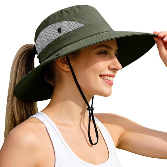 Minzimin 1Pcs Ponytail Sun Bucket Hats for Women UV Protection Foldable Mesh Wide Brim Hiking Beach Fishing Summer
