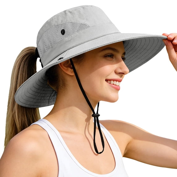 Minzimin 1Pcs Ponytail Sun Bucket Hats for Women UV Protection Foldable Mesh Wide Brim Hiking Beach Fishing Summer