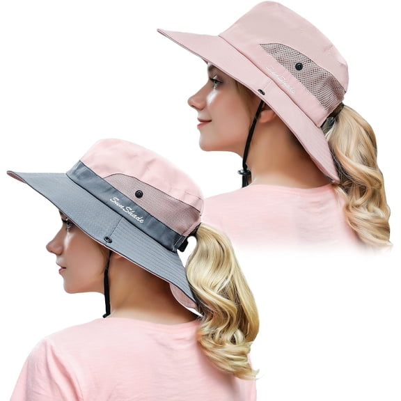 Minzimin 2 Pack Women Ponytail Summer Sun Hat UV Protection Wide Brim Foldable Safari Fishing Cap