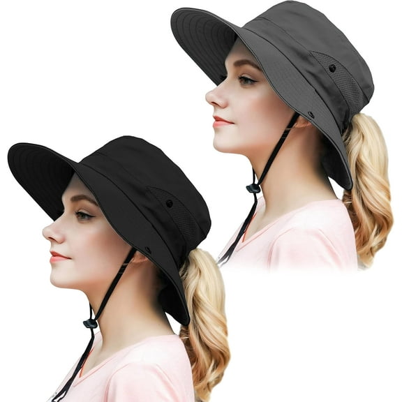 Minzimin 2 Pack Women Ponytail Summer Sun Hat UV Protection Wide Brim Foldable Safari Fishing Cap