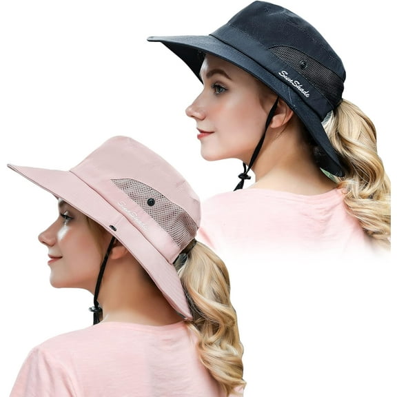 Minzimin 2 Pack Women Ponytail Summer Sun Hat UV Protection Wide Brim Foldable Safari Fishing Cap