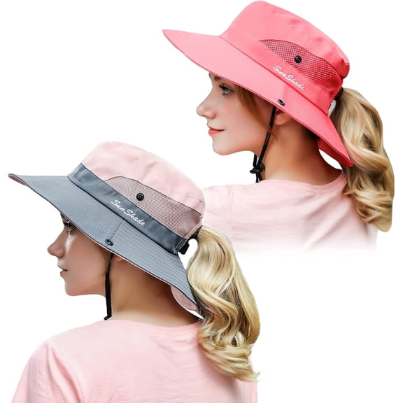Minzimin 2 Pack Women Ponytail Summer Sun Hat UV Protection Wide Brim Foldable Safari Fishing Cap