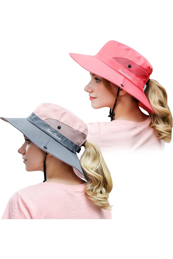 2 Pack Women Ponytail Summer Sun Hat UV Protection Wide Brim Foldable Safari Fishing Cap