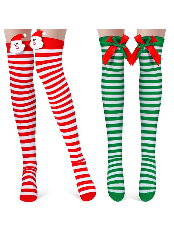 2 Pairs Christmas Thigh High Socks Halloween Women Striped Over Knee Stockings Candy Cane Socks for Women Girls