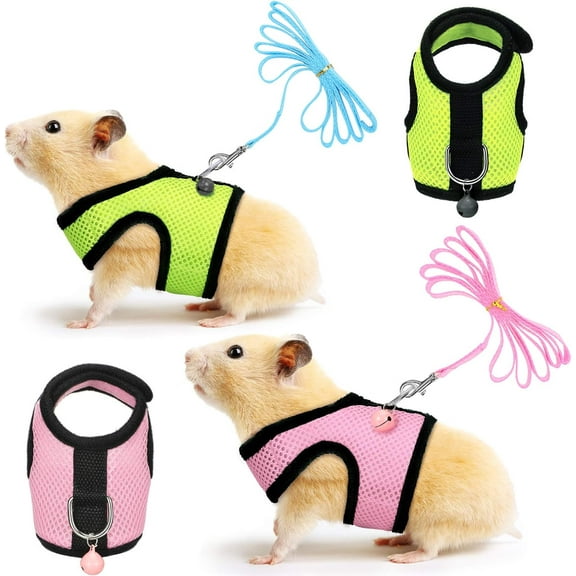 Minzimin 2 Pieces Guinea Pig Clothes Baby Ferret Rats Hamster Soft Mesh Harness Leash Vest Set with Bell for Guinea Pigs, Hamster, Ferret, Rabbit, Chinchilla and Similar Small Animals