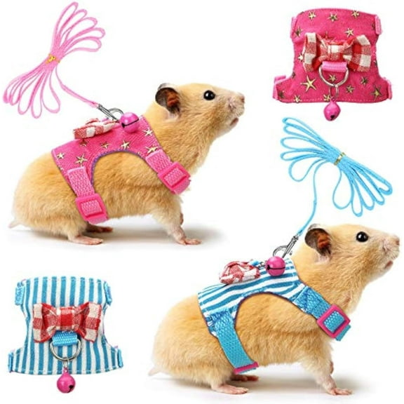 Minzimin 2 Pieces Small Hamster Harness and Leash Set, Guinea Pig Clothes with Bowknot Bell and Bell Decor, No Pulling Comfort Padded Vest Striped for Guinea Pig Hamster Ferret Rats