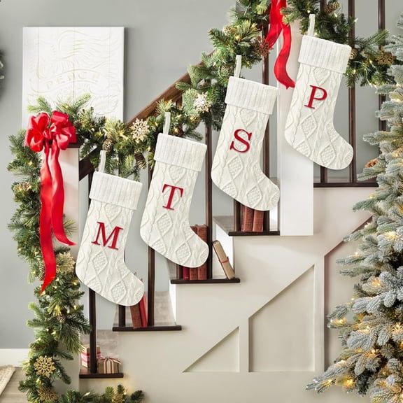 Minzimin 21 Inches Knitted Christmas Stockings with Initials, Large White Custom Monogram Embroidery Christmas Stockings with Letter, Personalized Xmas Decoration for Holiday Family