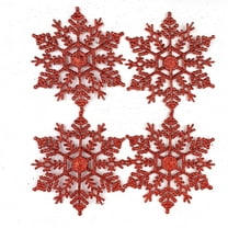 Minzimin 24PC Red Plastic Glitter Snowflake Ornament for Christmas Tree, Xmas, Party,Window Decoration 4" Inch