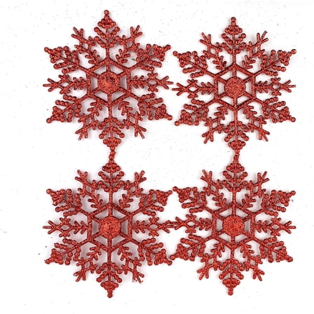 Minzimin 24PC Red Plastic Glitter Snowflake Ornament for Christmas Tree, Xmas, Party,Window Decoration 4" Inch
