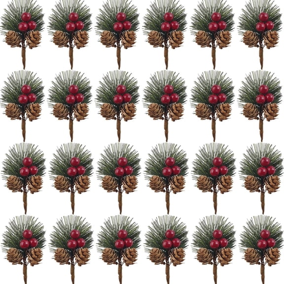 Minzimin 25PCS Artificial Pine Picks, Pine Needles Branches with Red Berry Stems, Small Fake Berries Pinecones Branches for Crafts Christmas Tree DIY Garland Holiday Wreath