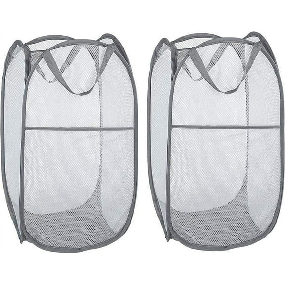 Minzimin 2PCS Laundry Baskets Foldable Pop Up Mesh Washing Laundry Basket Bag Bin Hamper Toy Tidy Storage Organiser Organizer(Gray)