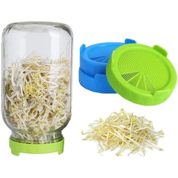 Minzimin 2Pcs Blue and Green jar Sprouting Lids Plastic Sprouting Lids with Stainless Steel Screen for Wide Mouth to Grow Beans Sprouts Jars Canning Cookware, Canning Lids, Canning