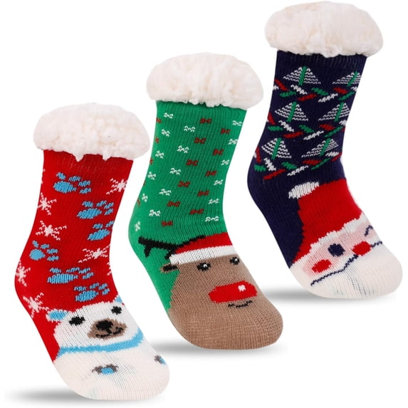 Minzimin 3 Pairs Kids Boys Girls Slipper Socks Winter Sherpa Lined Fuzzy Warm Soft Non Skid