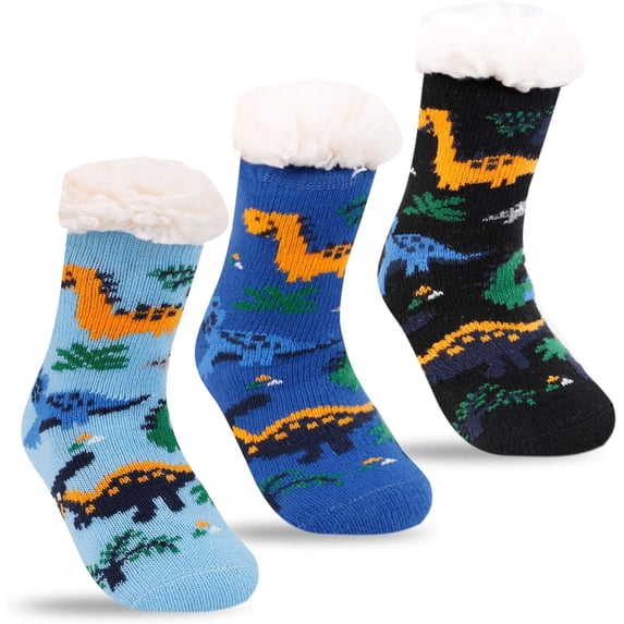 Minzimin 3 Pairs Kids Boys Girls Slipper Socks Winter Sherpa Lined Fuzzy Warm Soft Non Skid