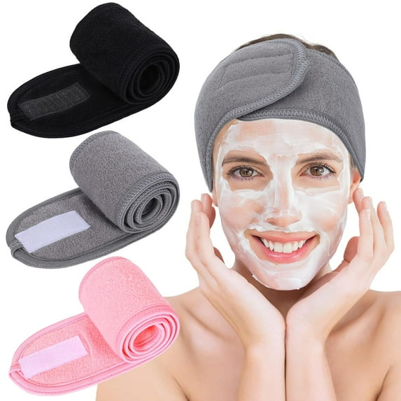 Minzimin 3 Pieces Spa Facial Headband Make Up Wrap Head Terry Cloth Headband Adjustable Towel Band for Face Washing Shower Facial Cover