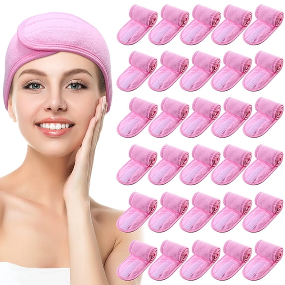Minzimin 30 Pack Spa Headband Facial Esthetician Hair Wrap for Women Adjustable Makeup Sports Shower Stretch Towel with Tape