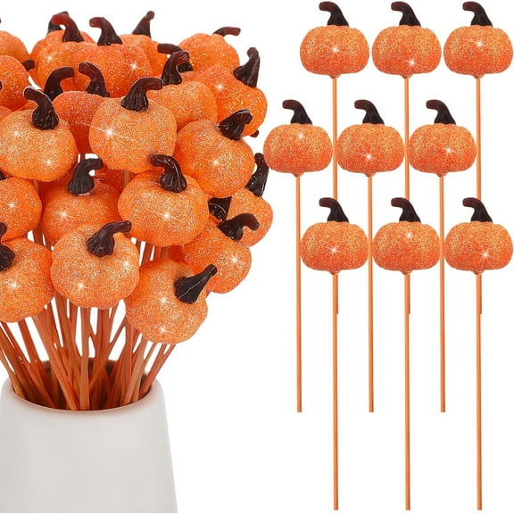 Minzimin 30 Pcs Fall Pumpkin Floral Picks Glitter Pumpkin Stems Thanksgiving Halloween Foam Picks Fall Decorations for Home Autumn Harvest Party for Vases Table Centerpiece Floral Arrangement