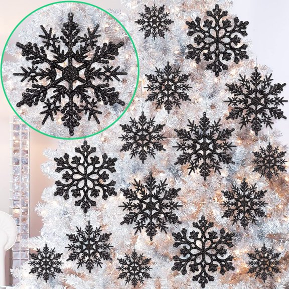 Minzimin 36pcs Christmas Snowflake Ornaments Plastic Glitter Snow Flakes Ornaments for Winter Christmas Tree Decorations