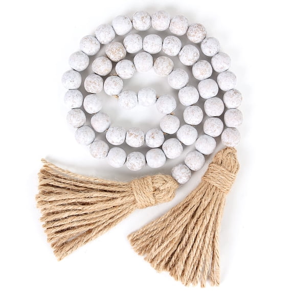 Minzimin 39 inches Wood Bead Garland Farmhouse Beads with Tassels,Farmhouse Tassel Garland Country Wall Hanging Decor Prayer Beads