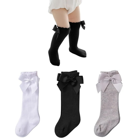 Minzimin 3Pairs Baby Knee High Socks Girls Bow Ruffled Tube Socks Toddlers Infant School Uniform Leggings Long Stockings